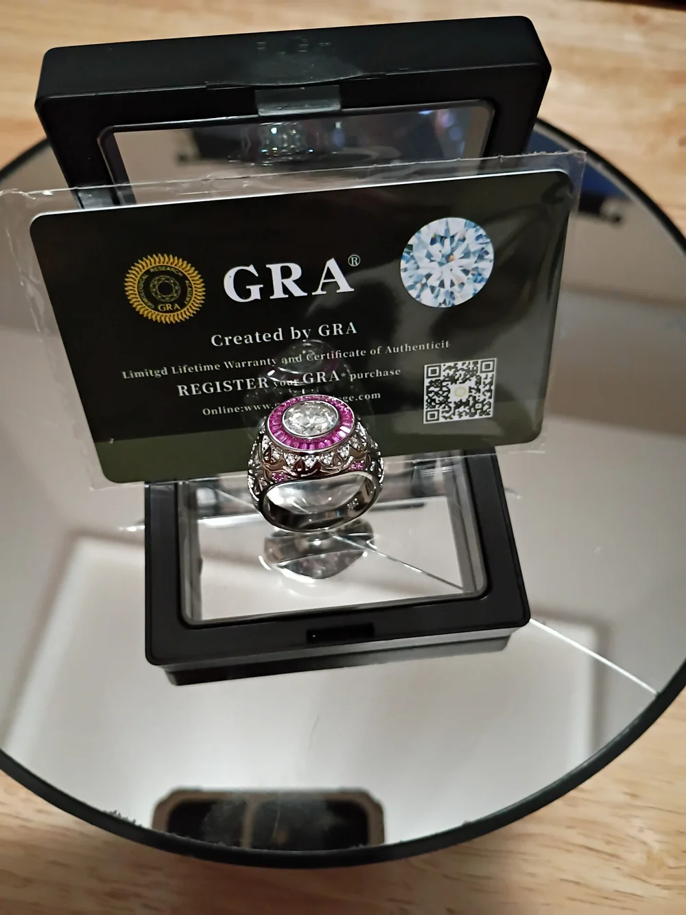 GRA Certified Round Halo Ring with Pink Stones